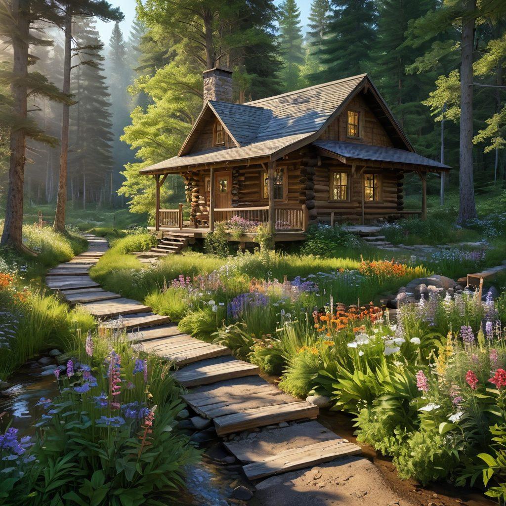 A serene hidden cabin nestled in lush green forest, surrounded by vibrant wildflowers and a gently flowing stream. Sunlight filters through the trees, casting playful shadows. A winding path leads to the cabin, hinting at adventure and tranquility. Add warm, inviting tones to evoke a sense of happiness and exploration. super-realistic. vibrant colors. peaceful atmosphere.