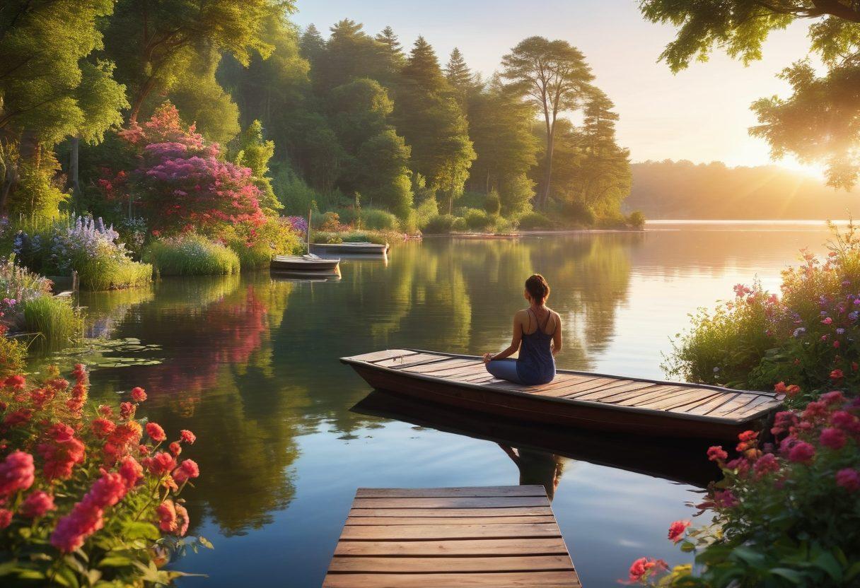 A serene lakeside view at sunrise, with a tranquil boat gently floating on calm waters surrounded by lush greenery and colorful flowers. In the foreground, a person practicing yoga on a wooden dock, evoking a sense of peace and joy. Soft light illuminating the scene, creating a dreamy atmosphere. vibrant colors. super-realistic.