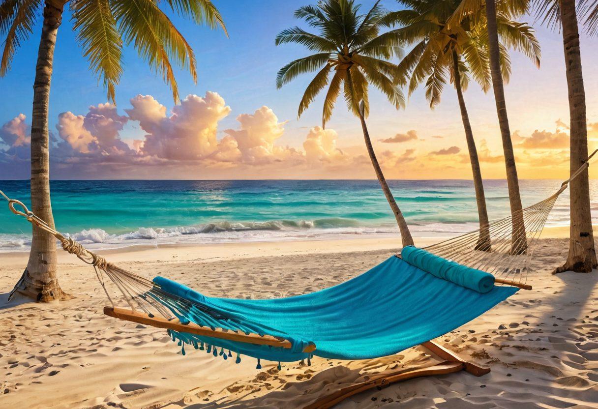 A stunning serene beach at sunrise, with soft golden sand, turquoise waves gently lapping at the shore, and palm trees swaying in the breeze. Include a cozy hammock tied between two trees, inviting travelers to relax and enjoy paradise. Scatter beach towels and colorful beach umbrellas for a vibrant touch. super-realistic. vibrant colors. 3D.